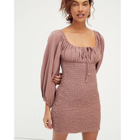 Free People Mauve Dusty Pink Long Sleeve Smocked Mini Dress - Picture 1 of 4